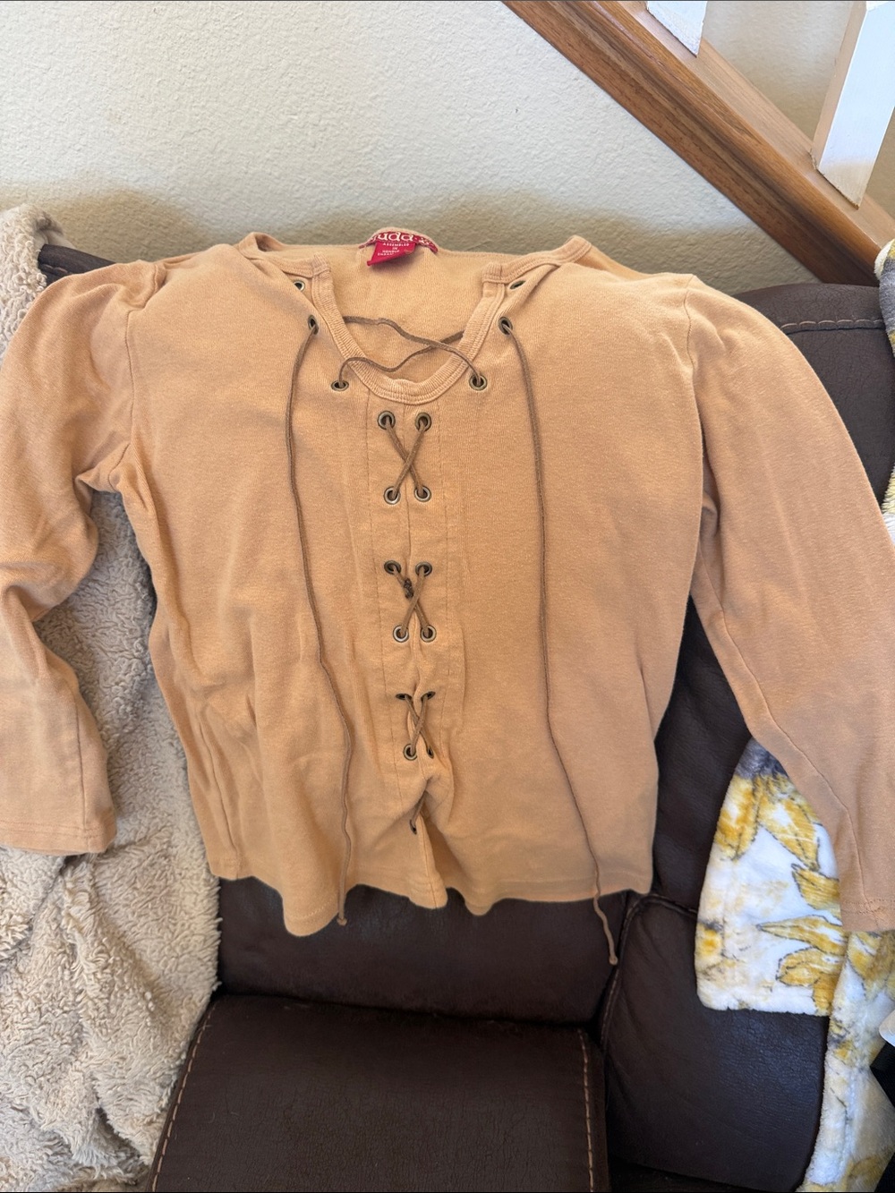 Mudd Lace-Up Taupe V-Neck Sweater